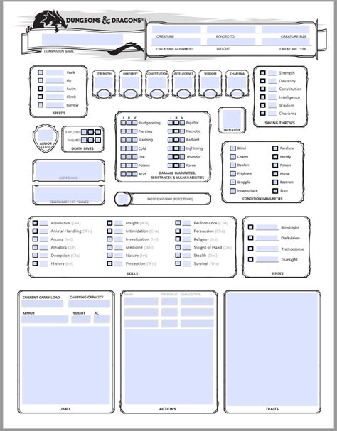 dandd 5e companion sheet dnd character sheet character sheet template
