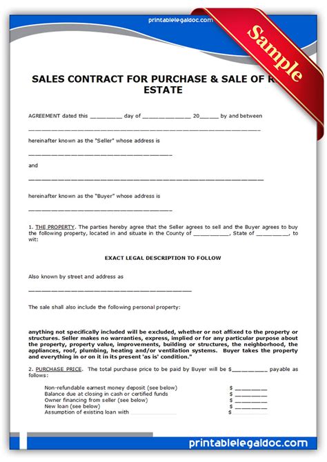 printable contract  sell  land contract form generic