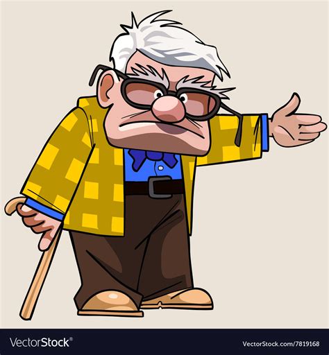 cartoon grandfather with a cane shows his hand vector image