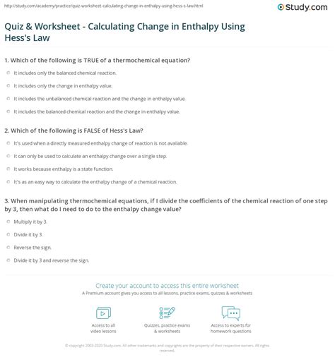 quiz worksheet calculating change  enthalpy  hesss law