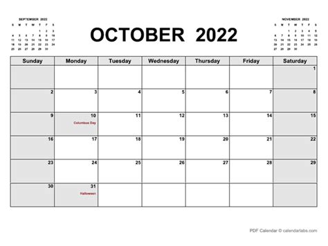 october  calendar  holidays calendarlabs