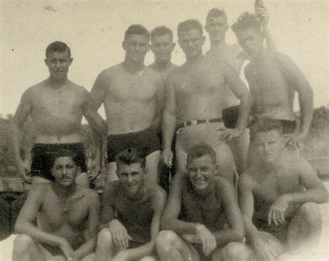 1950s Men On Beach Swim Trunks Swimsuits Group Shot