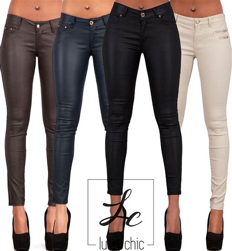 womens black wet look leather jeans skinny trouser