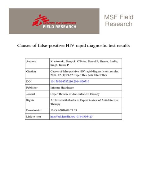 Klarkowski 2014 Causes Of False Positive Hiv Rapid