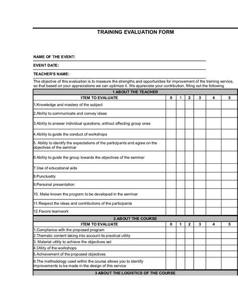 training evaluation form template   training evaluation form