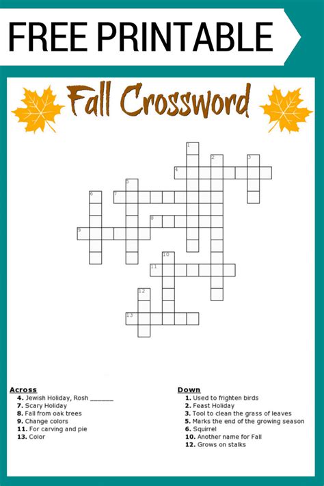 fall crossword puzzle  printable worksheet  printable