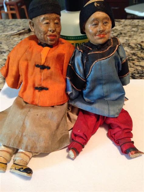 Chinese Dolls Couple W Silk Clothes Vintage Antique Stamped China