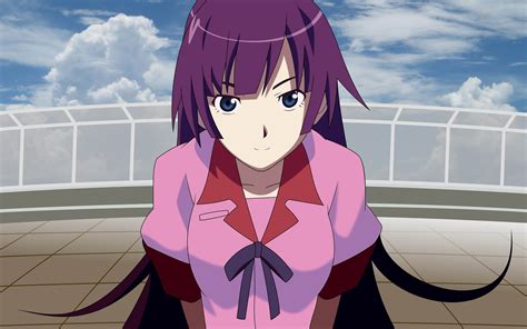 monogatari series anime anime girls senjougahara hitagi purple hair wallpapers hd desktop