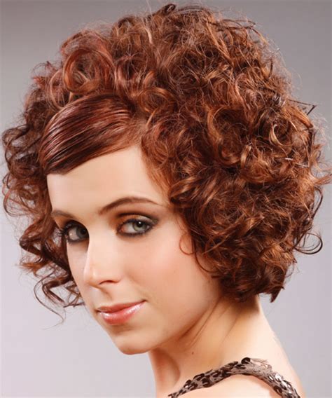 Short Curly Mahogany Red Hairstyle With Side Swept Bangs
