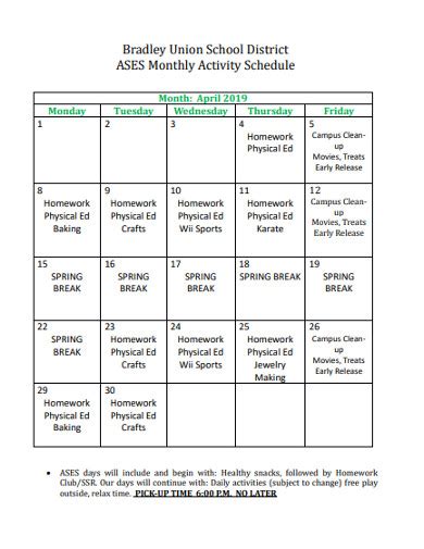 monthly activity schedule  examples format  examples
