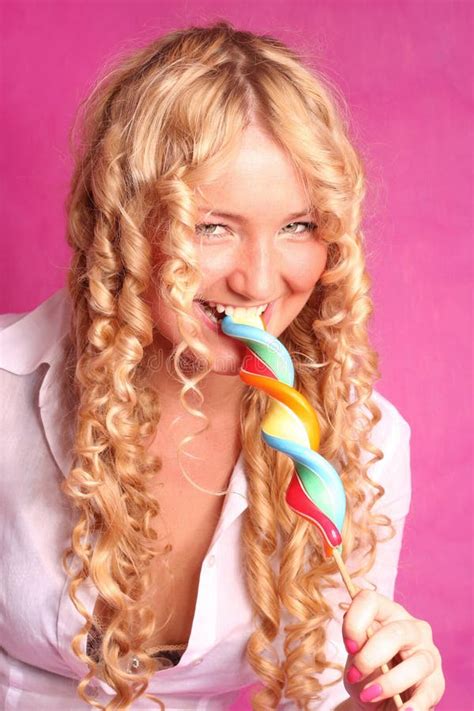 Blonde Curly Girl Smiling Holding Big Lollipop Stock Image Image Of