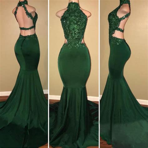 sexy backless dark green mermaid evening dress 2019 new high neck lace