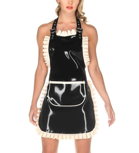 sexy women s black long latex apron halter style with white trim apron
