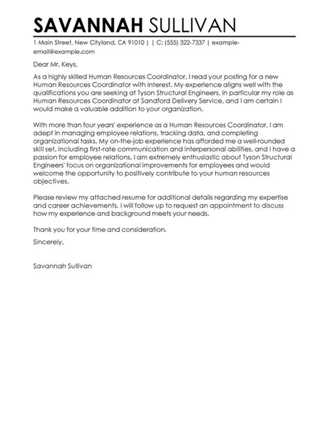 professional hr coordinator cover letter examples
