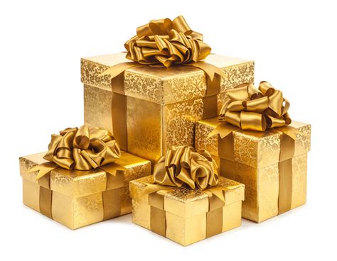 gift boxes  gold color isolated  white background crystal valley