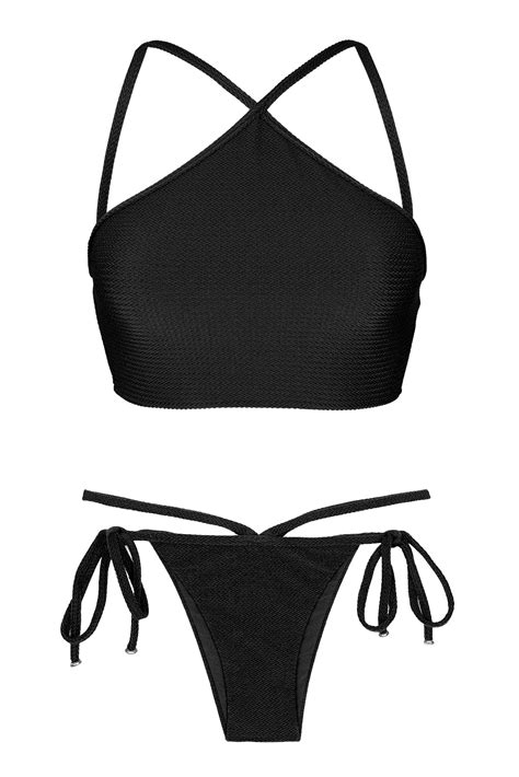 textured black crop bikini top and strappy bottoms duna black neck