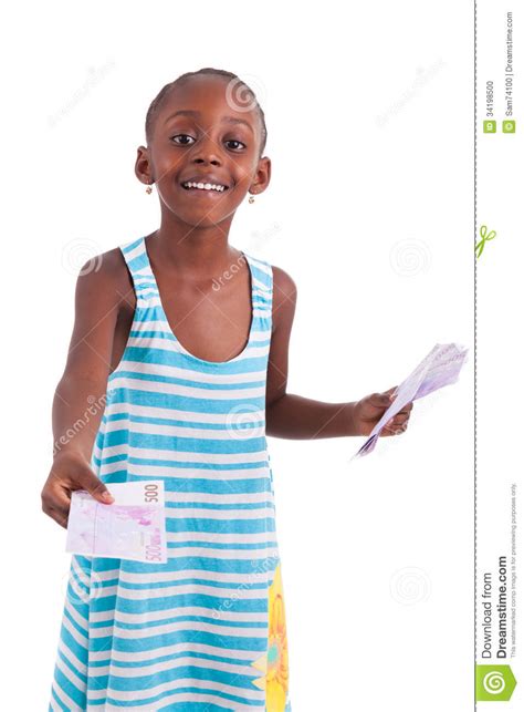 Little African Girl Holding 500 Hundred Euro Bills Black