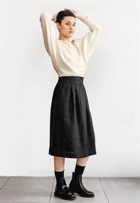 midi linen skirt  deep pockets midi linen skirt high waist