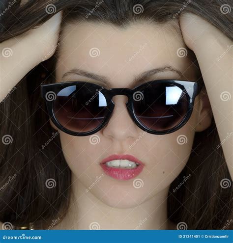 Beautiful Long Hair Brunette Woman Wearing Sunglasses Portrait Stock