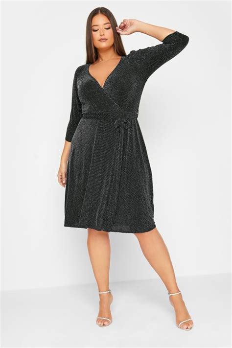 Yours London Plus Size Black Glitter Stripe Midi Wrap Dress Yours