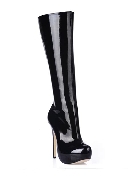 Black Knee High Boots Women Platform Patent Leather High Heel Booties