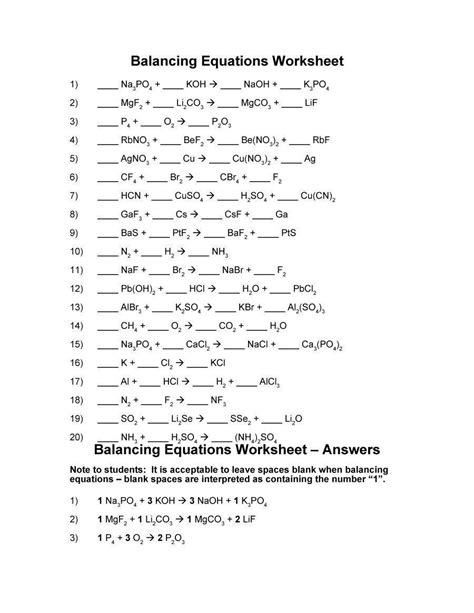balancing equations practice worksheet answers  balancing chemical