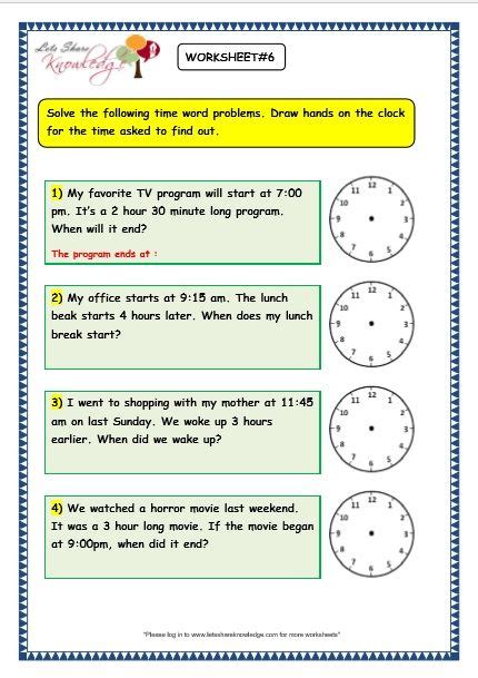 grade  maths worksheets  time problems  answer key print