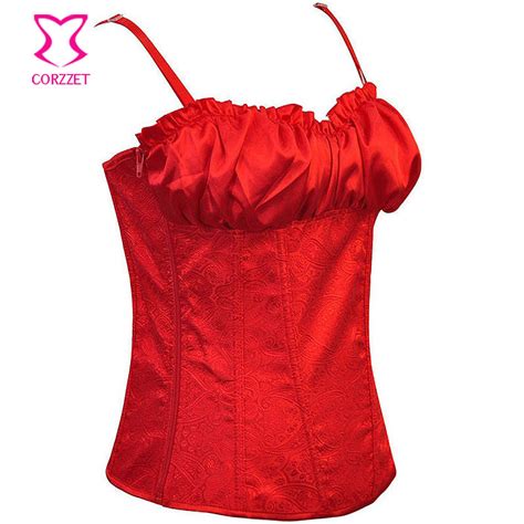 2931 red satin ruffle bra top and brocade corset steampunk corsets