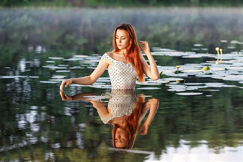 Redhead Cooling Off Redhead Model Reflection Water Hd Wallpaper