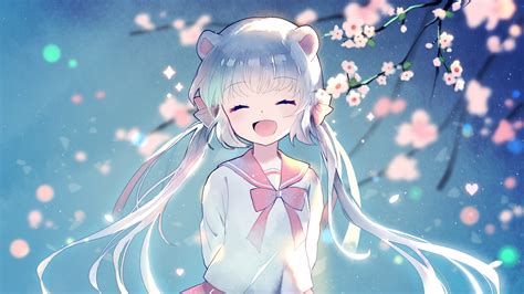 anime girl happy face twintails aqua