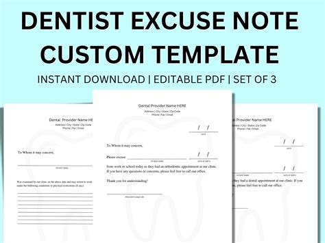 custom dentist note excuse  template set   orthodontic etsy