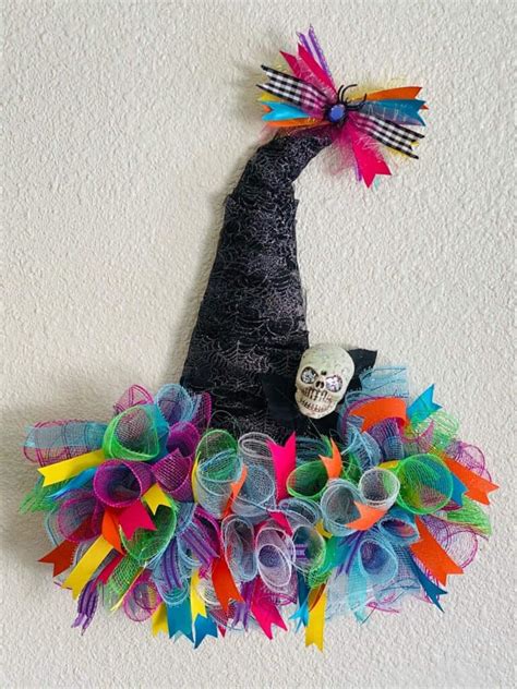 diy dollar tree rainbow deco mesh witch hat wreath whimsical