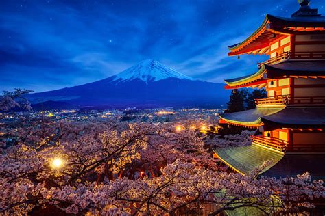 Night Sky Mt Fuji And Temple Red Pagoda In Fujiyoshida Wi