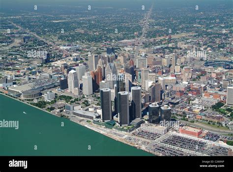 aerial view  downtown detroit michigan  detroit river usa stock