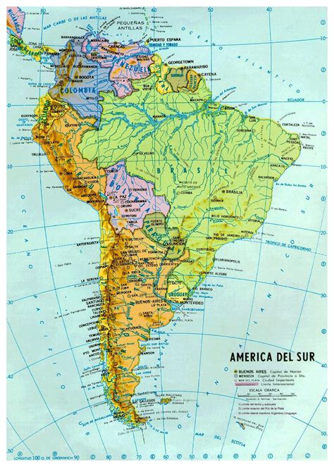 large detailed political  hydrographic map  south america   capitals  major