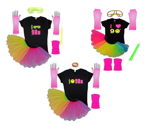 i love 90s neon fancy dress rainbow tutu set t shirt glow sticks flo