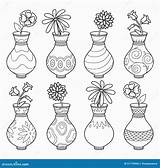 Vases Coloring Flowers Vector Colorless Book Set Clay Preview sketch template