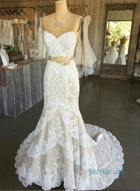 H0915 Sweetheart Neck White Lace Over Champagne Mermaid
