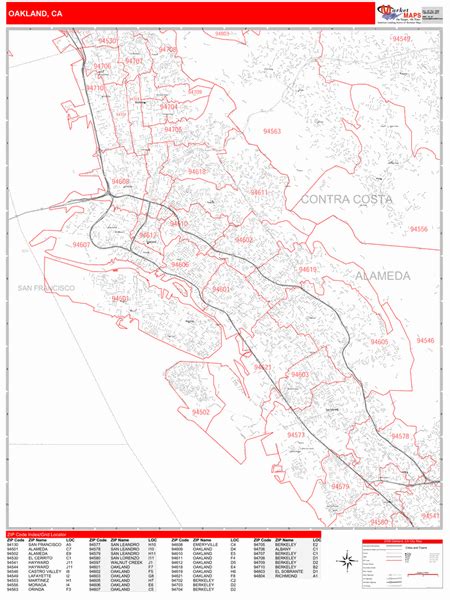 Oakland California Zip Code Wall Map Red Line Style By