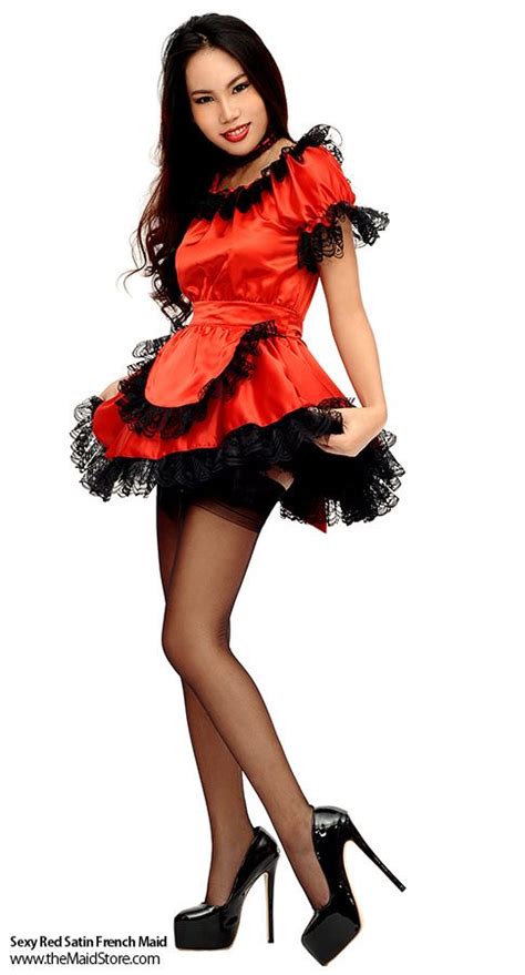 sexiest red satin french maid sissies and french maids in 2019 french maid maid uniform