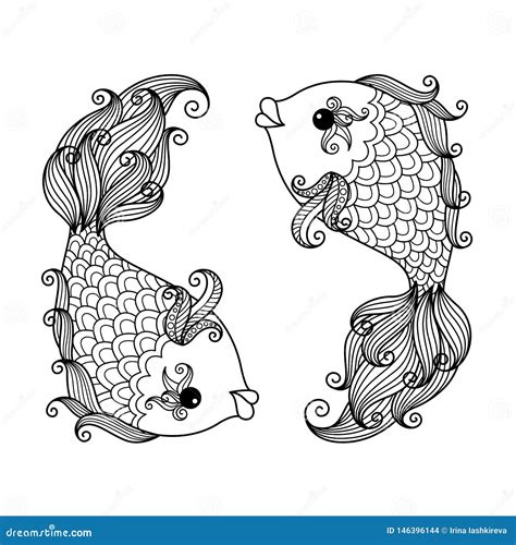 pisces zodiac sign zentangle coloring book page  adult stock