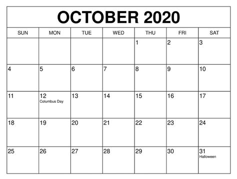 October 2020 Calendar Printable Free Calendar Template Calendar