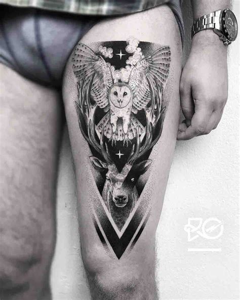 Owl And Deer Tattoo On Thigh Best Tattoo Ideas Gallery