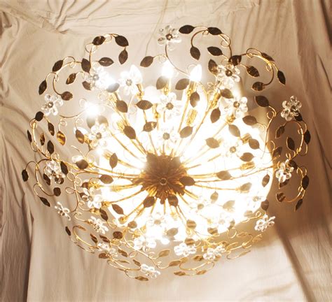 large brass  crystal flush mount chandelier   sale  pamono