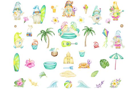 gnomes watercolor clipart beach summer set pool party