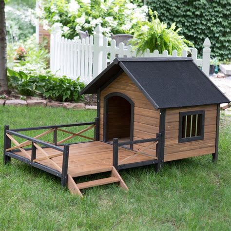 large solid wood outdoor dog house  spacious deck porch dog house  porch dog house