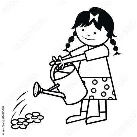 The Girl Is Watering Flowers Vector Icon Coloring Book Kaufen Sie