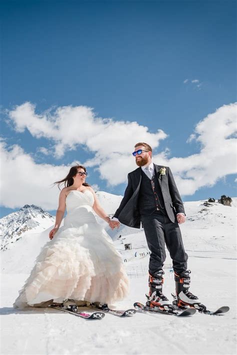 coolest newlyweds ever skied down the slopes right after saying i do ski wedding diy
