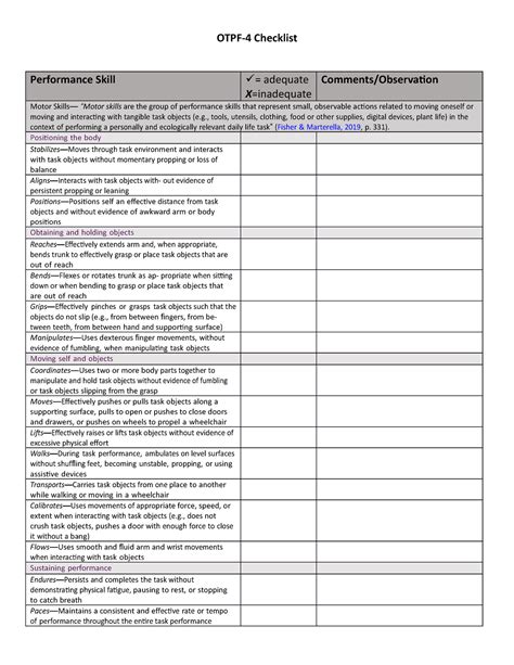 otpf checklist otpf  checklist performance skill adequate xinadequate commentsobservation