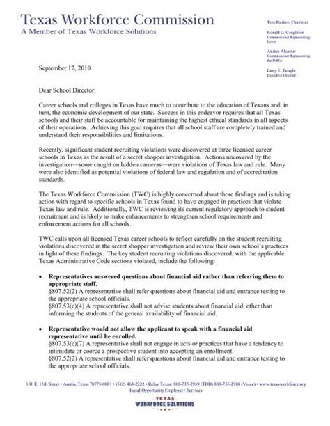 letter  student recruitment texas workforce commission